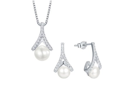 Elegantní sada stříbrné náušnice a náhrdelník s perlou a zirkonovou křivkou