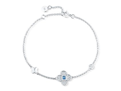 Stříbrný náramek s modrým kamenem a zirkony – květinový motiv