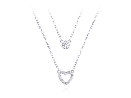 Dvouvrstvý stříbrný náhrdelník se zirkony ve tvaru srdce