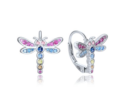 Stříbrné dětské náušnice vážka s barevnými zirkony