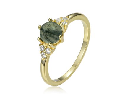 Stříbrný prsten s tmavým mechovým achátem a zirkony pozlacený