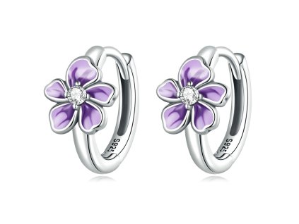Stříbrné kruhové náušnice s fialovým květem a zirkonem