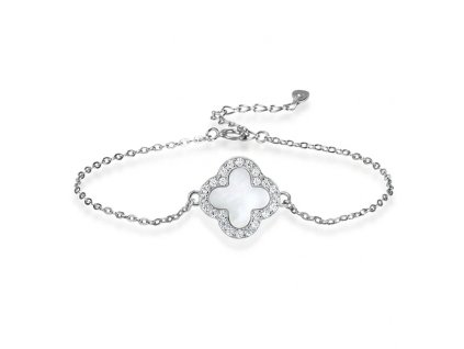 Stříbrný náramek s čtyřlístkem z perleti a zirkony
