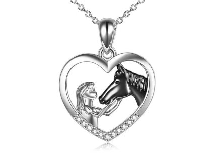 Stříbrný náhrdelník dívka a černý kůň v srdci se zirkony