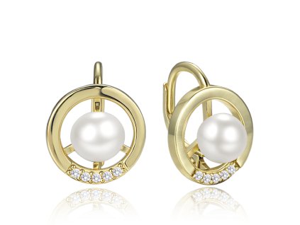 Náušnice kroužky s perlou a čirými zirkony pozlacené
