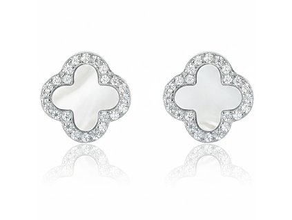 Stříbrné náušnice s perletí a zirkony ve tvaru čtyřlístku