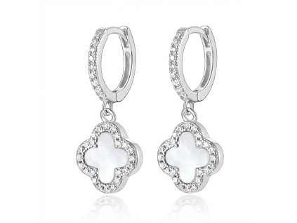 Stříbrné visací náušnice s perletí a zirkony ve tvaru čtyřlístku