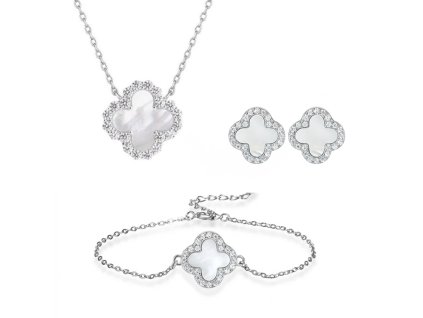 Stříbrná sada šperků čtyřlístek s perletí a zirkony