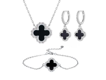 Zvýhodněná sada s černým achátem ve tvaru čtyřlístku se zirkony, visací náušnice