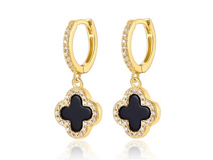 Stříbrné visací náušnice s černým achátem a zirkony ve tvaru čtyřlístku pozlacené