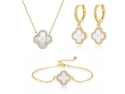 Stříbrná sada šperků čtyřlístek s perletí a zirkony, visací náušnice pozlacená