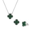 Zvýhodněná sada stříbrné čtyřlístky s malachitem náhrdelník a náušnice puzeta