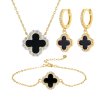 Zvýhodněná sada s černým achátem ve tvaru čtyřlístku se zirkony, visací náušnice, pozlacená