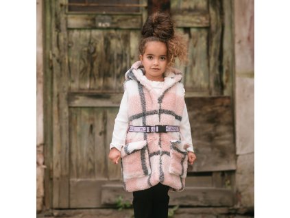Detská teddy vesta s opaskom - check pink (Veľkosť 122)