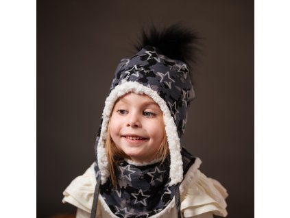 Ušianka - grey stars (Veľkosť 3- obvod hlavičky - od 44-45 cm)