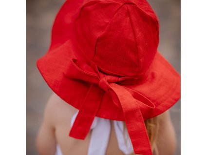Detský ľanový klobúk red s mašľou (Veľkosť 1-obvod hlavičky cca. 47cm a menej)