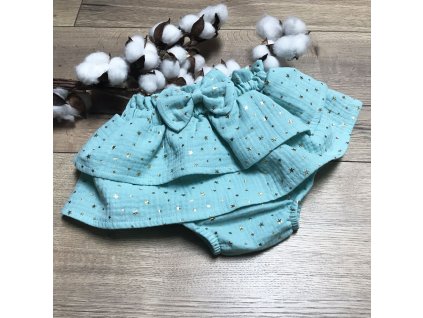 Mušelínové čukotky s volánmi a mašličkou - turquoise stars (Veľkosť 74)