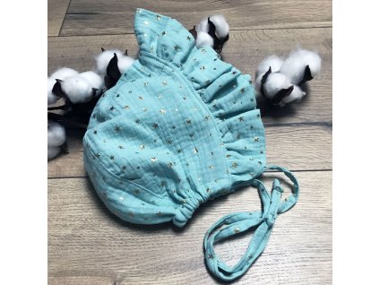 Mušelínový čepiec - romantic turquoise stars (Veľkosť 1044)