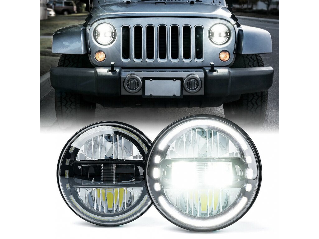 Jeep Wrangler JK, TJ Xprite 7 Black 60W LED Headlights w/ Halo DRL" -  