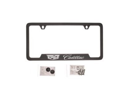 Black frame on license plate with Cadillac logo