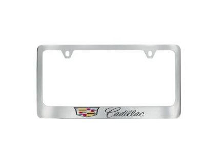 License Plate Frame by Baron & Baron in Chrome with Multicolored Cadillac Logo and Black Cadillac Script