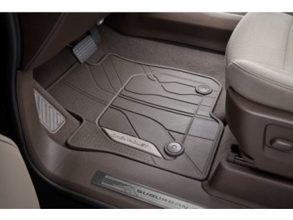Chevrolet 5th gen Tahoe Premium full leather floor mats for the first row of seats in Very Dark Atmosphere color with Chevrolet lettering