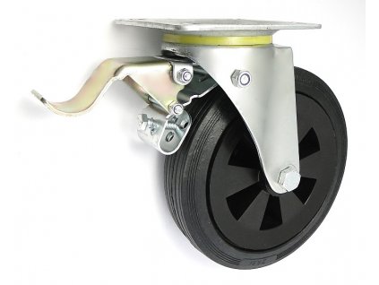 Gumové koleso 200/36 mm, čierna/plast, otočná vidlica s doskou+brzda