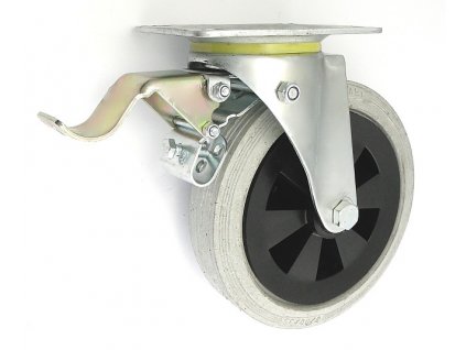 Gumové koleso 200/36 mm, šedá/plast, otočná vidlica s doskou+brzda