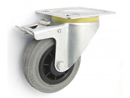 Gumové koleso 100/20 mm, šedá/plast, otočná vidlica s doskou+brzda