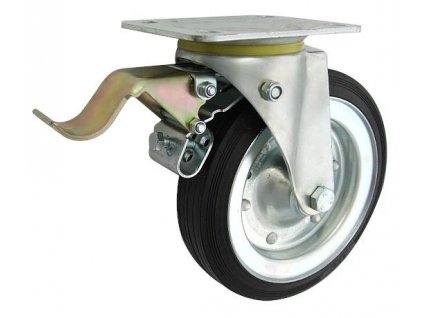 Gumové koleso 200/36 mm, čierna/oceľ, otočná vidlica s doskou+brzda