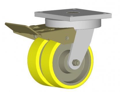 Polyuretánové koleso 160/2x50 mm zdvojené, liatina, otočná vidlica s doskou+brzda