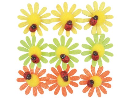 17104 Kytičky samolepicí s glitry a beruškou 4 cm, 9 ks v sáčku