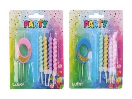 W026592 Párty svíčka číslo 0+4 ks svíček,modrá, růžová