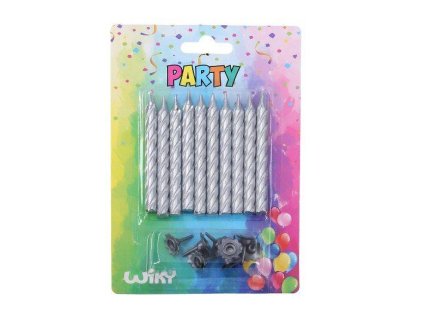 W026869 Svíčky 10ks + stojánky 10ks Stříbrné