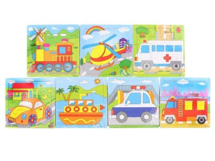 DŘEVĚNÉ PUZZLE DOPRAVNÍ PROSTŘEDKY 15X15CM 7 DRUHŮ   56242