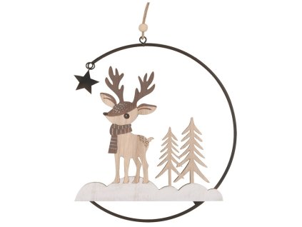 31508 Kovová dekorace s dřevěnými prvky na zavěšení 17 cm