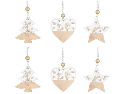 OZDOBY DŘEVĚNÉ NA ZAVĚŠENÍ SE STŘÍBR.GLITREM 6KS 6CM 5318