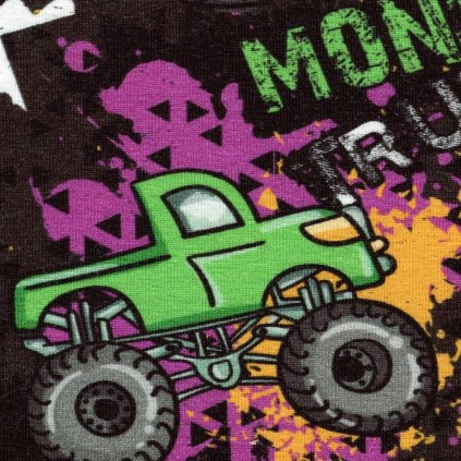 Jednolíc elastický bavlna/Elastan 6% digi tisk Monster Truck (černé pozadí)