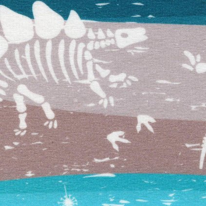 Jednolíc elastický bavlna/Elastan 6% DIGI tisk Dinosaurus (pruhy petrol/béž)