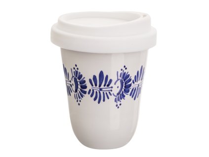 Pohárek na kávu s sebou kopretina modrá na bílé