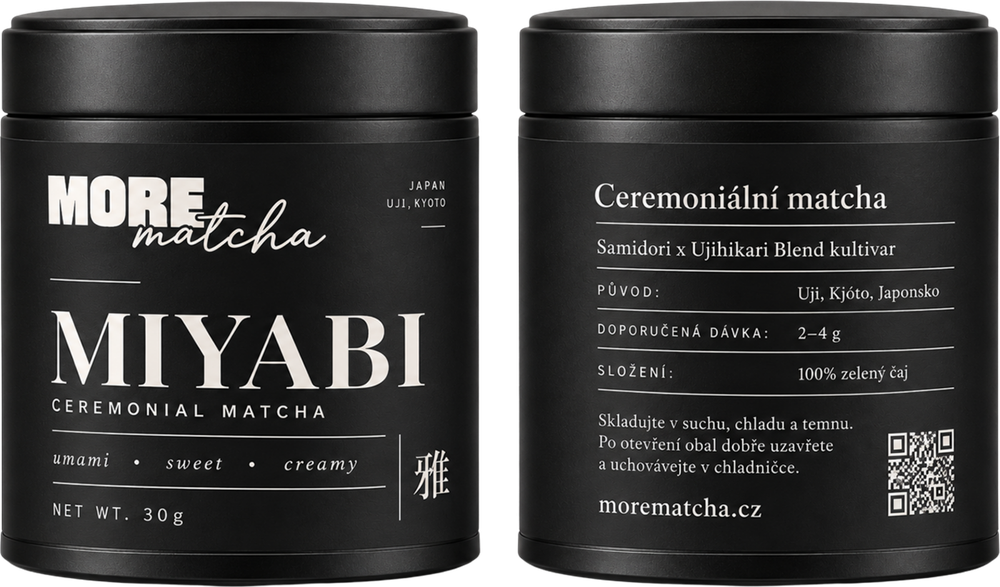 Přední a zadní strana černé plechovky Miyabi