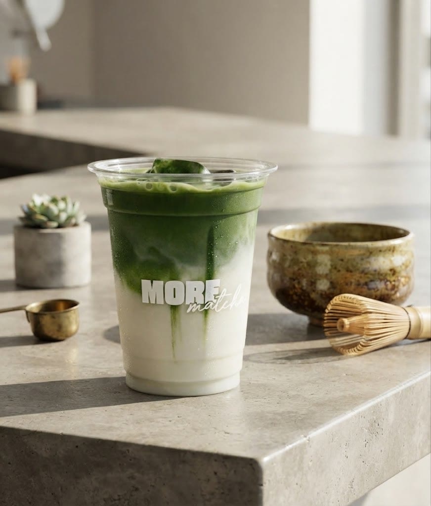 Matcha Latte v kelímku More Matcha: matcha nad vrstvou mléka.