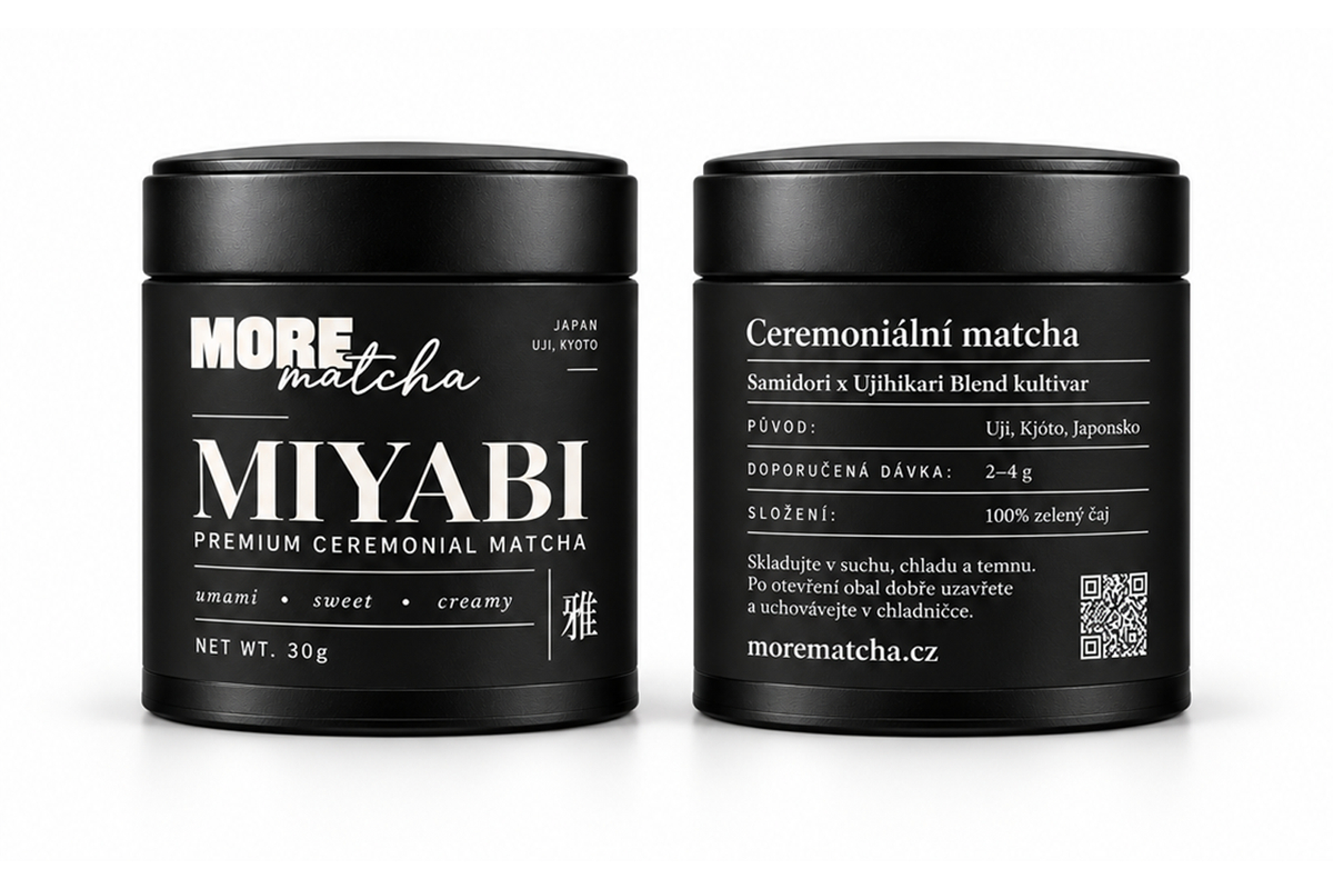 Plechovka MIYABI, prémiová ceremoniální matcha More Matcha, 30 g, přední a zadní strana.