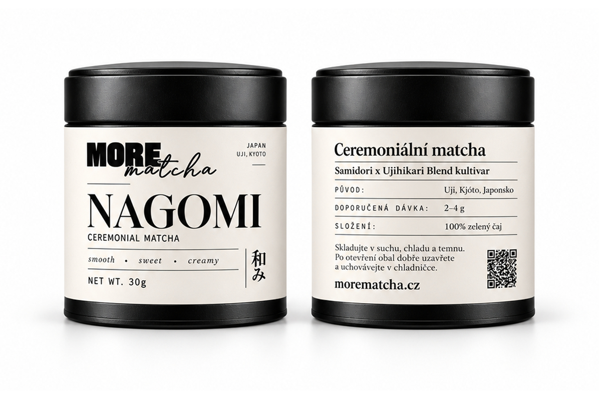 Plechovka NAGOMI, ceremoniální matcha More Matcha, 30 g, přední a zadní strana.