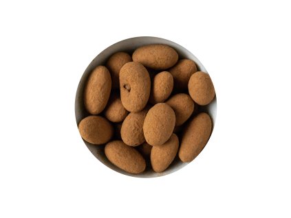 Almonds in chocolate coating sprinkled with cocoa