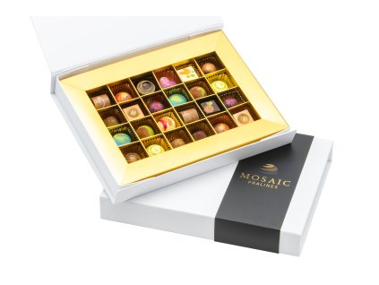 kolekce cokoladove pralinky 24ks bila krabicka sikmo
