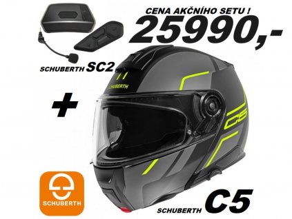 Schuberth C5 šedá+neon helma přilba integralní, vyklopná,modulární, motorkářská helma na motorku v akci s intercomem interkomem ,výhodná sada