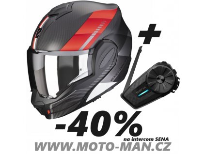 EXO TECH GENUS RED KARBON + SENA SE SLEVOU CARBON HELMA SCORPION , PREKLOPNA MODULARNI VYKLOPNA HELMA PRILBA NA MOTORKU