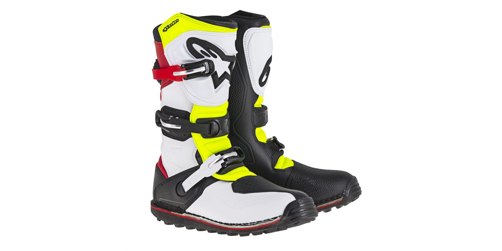 boty TECH TRIAL, ALPINESTARS (bílá/červená/žlutá fluo/černá) 2024 Velikost/Provedení: 40,5