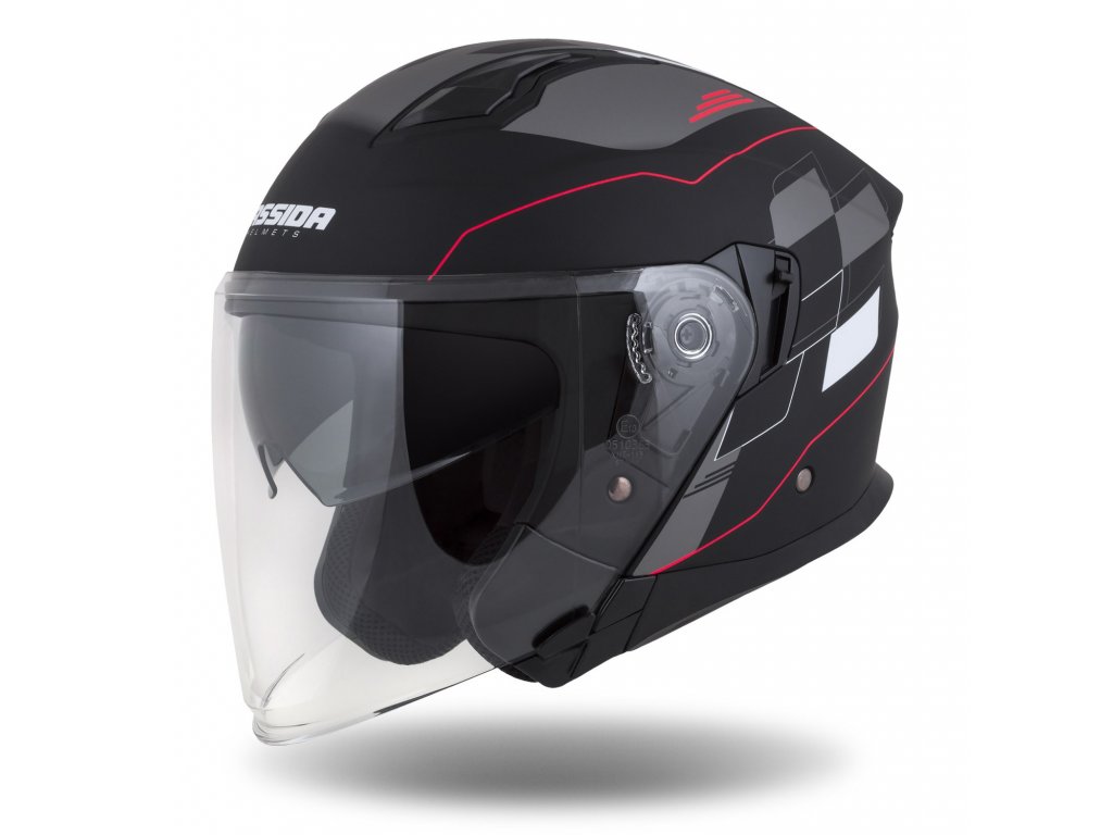 Otevřená helma Cassida Jet Tech RoxoR černá matná-bílo-červeno-šedá